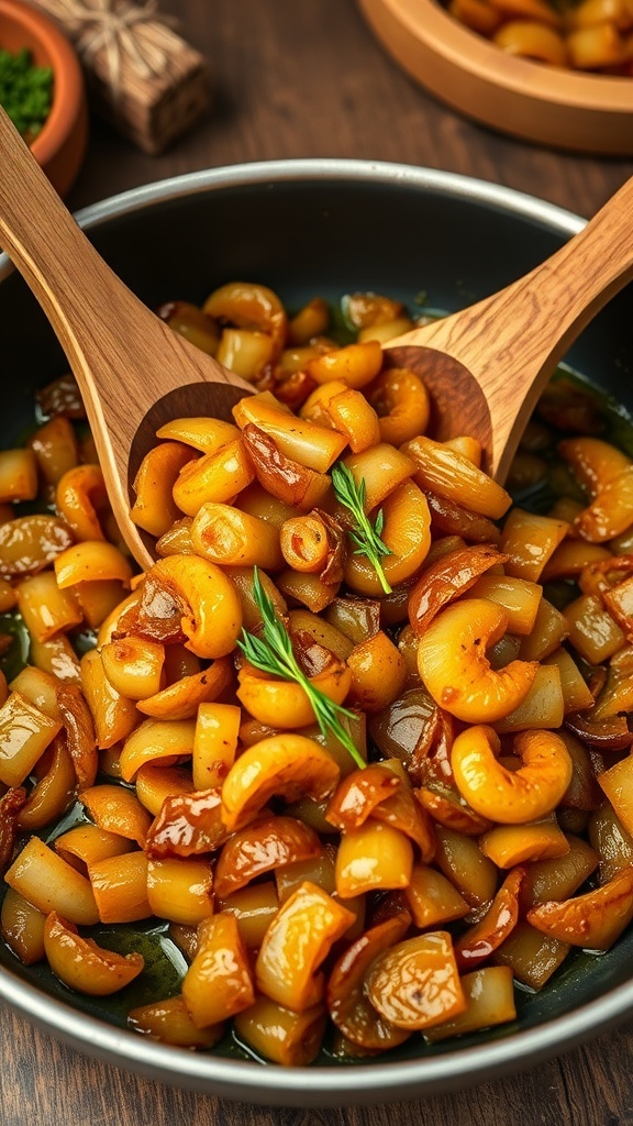 Golden caramelized onions in a skillet, garnished with herbs.